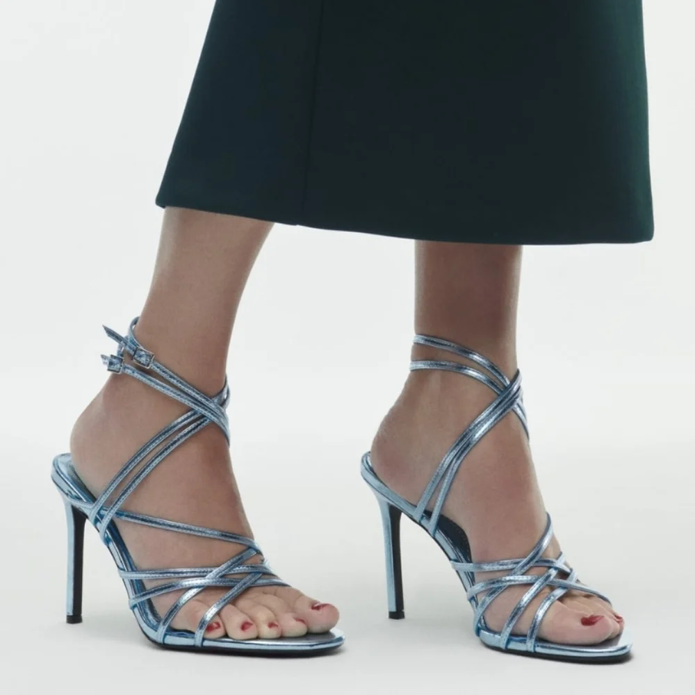 ZARA METALLIC LEATHER HEEL SANDAL SIZE 8 - Picture 1 of 8